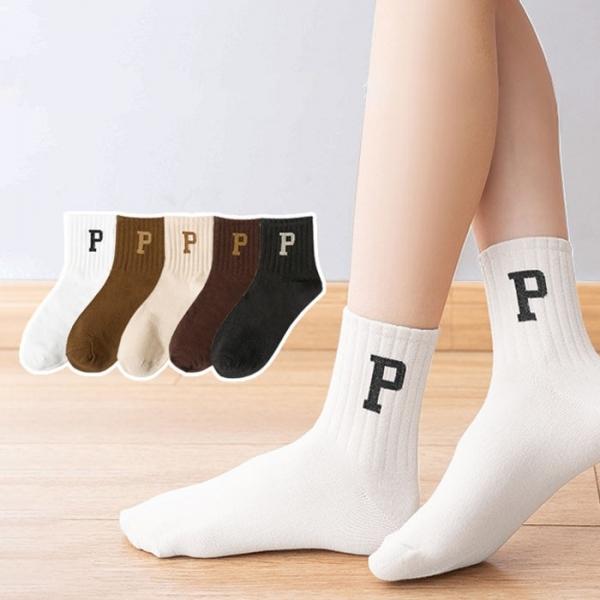 P로고 여성 베이직 양말 5color 1set  중목양말 세트