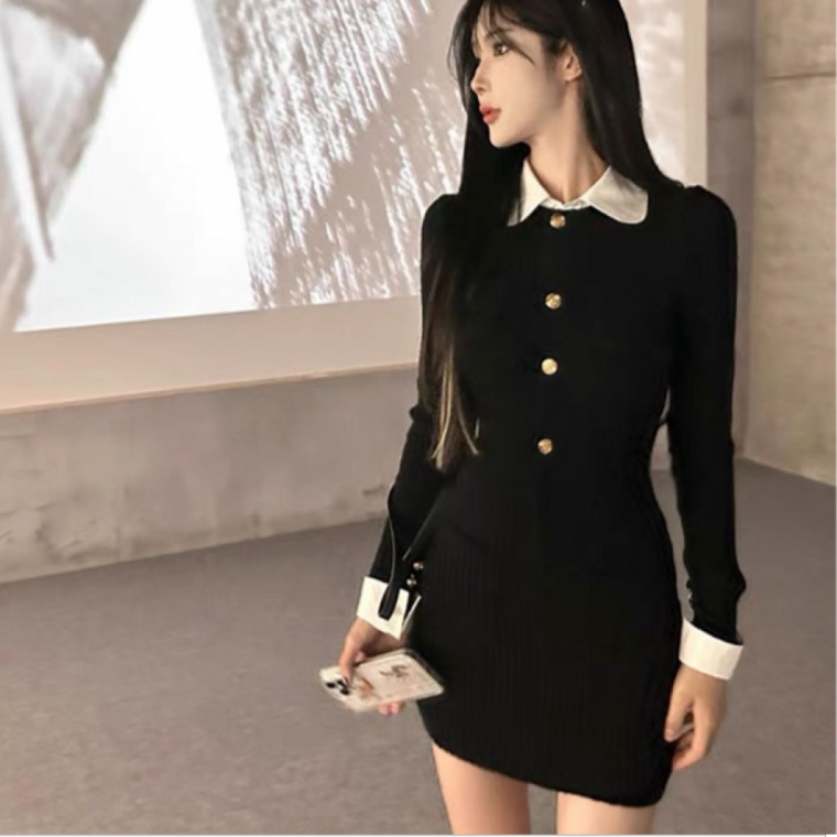 미니원피스 카라 페이크레이어드 금장버튼 블랙미니원피스 정장 사무실 하객룩