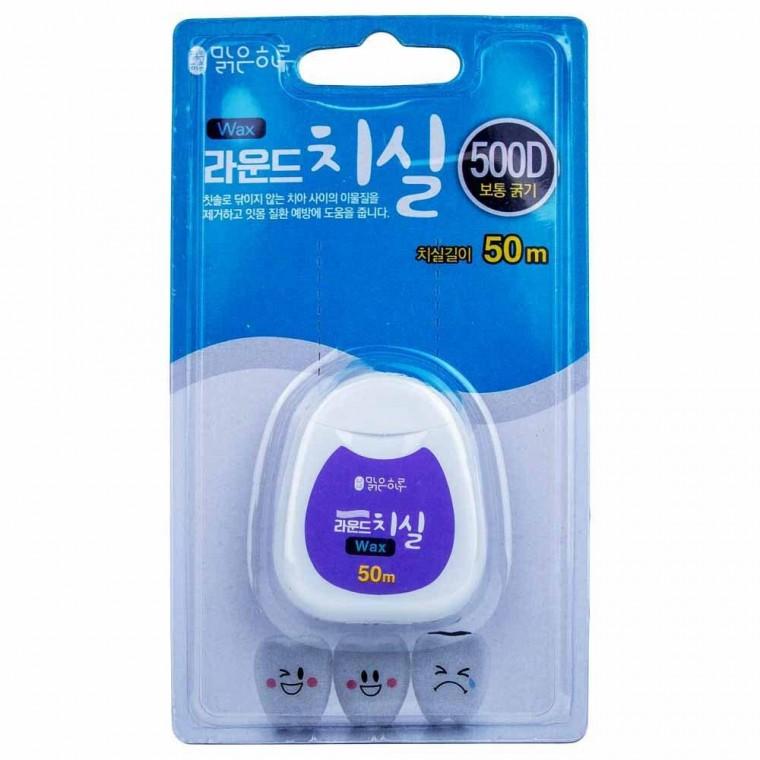 맑은하루 라운드 치실 500D 왁스 50m-보통굵기