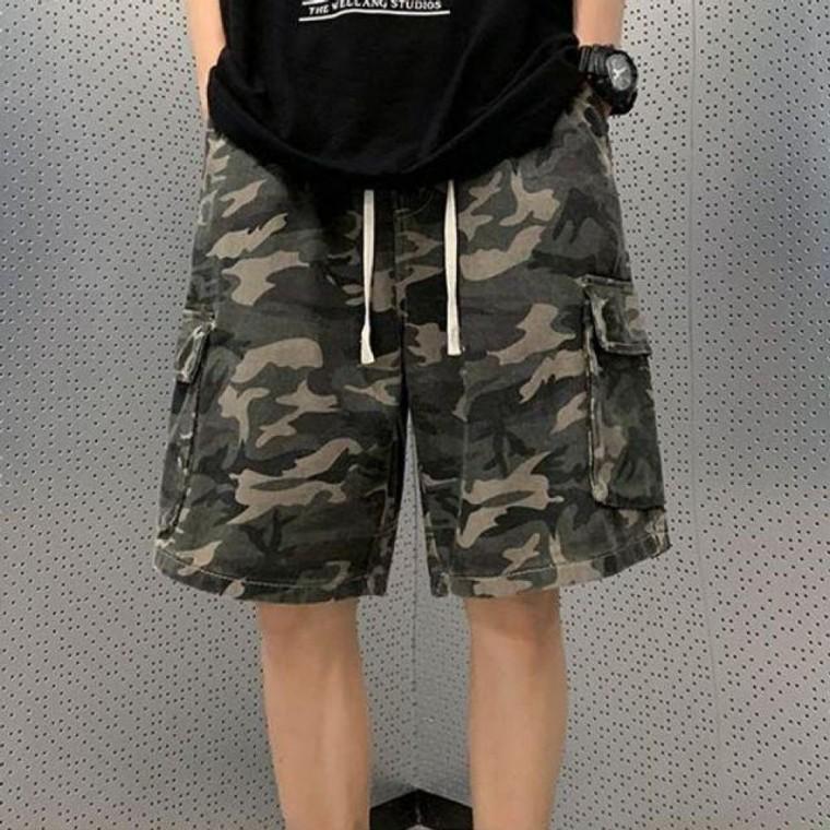 남성 밀리터리 5부 반바지 루즈핏 카모 이중밴딩 데일리 폴리