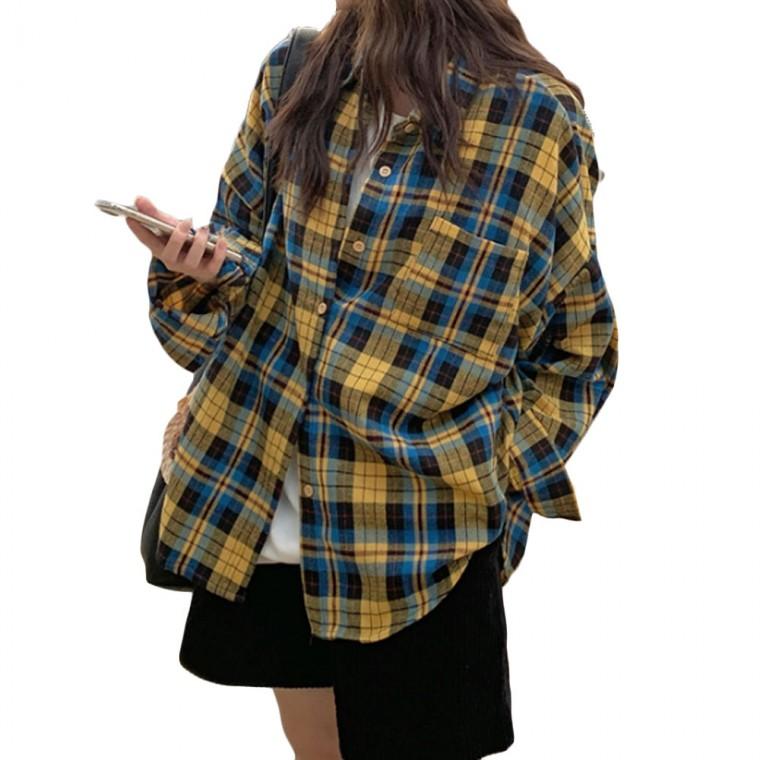 남방 신상 오버핏 체크 여자 캐주얼룩 카라 셔츠 긴팔