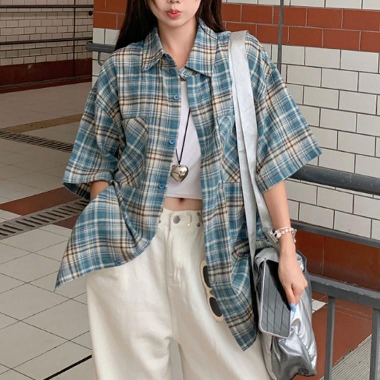 신상 인기 셔츠 여성 체크 남방 오버핏 캐주얼룩 반팔