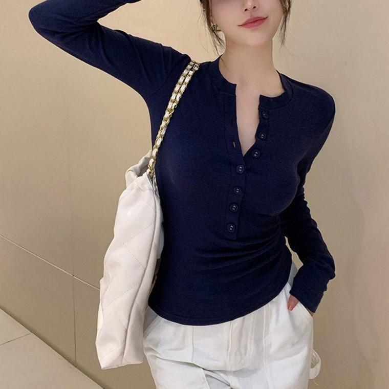 골지 단추 헨리넥 티셔츠 스판