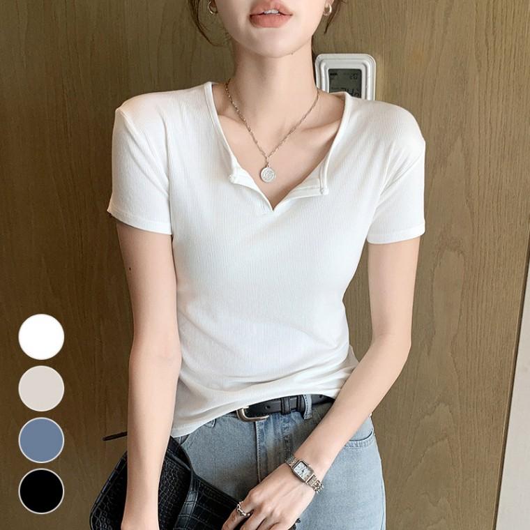 티 여성 골지 반오픈 반팔티셔츠 슬림핏 날씬해보이는