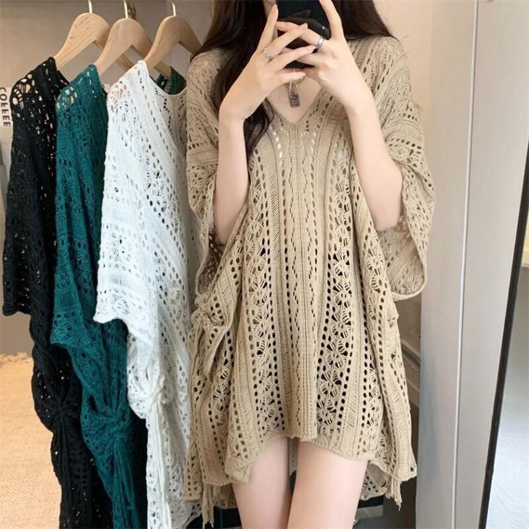 여름 언발 여성 비치웨어 시스루 브이넥 수영복가디건