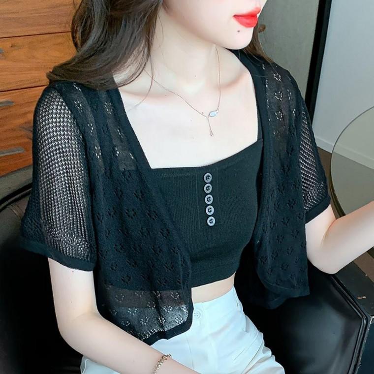 여성 가디건 크롭 루즈핏 시스루