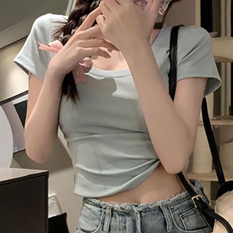 NF-20 무지 U넥 캡소매 베이직 크롭반팔티셔츠