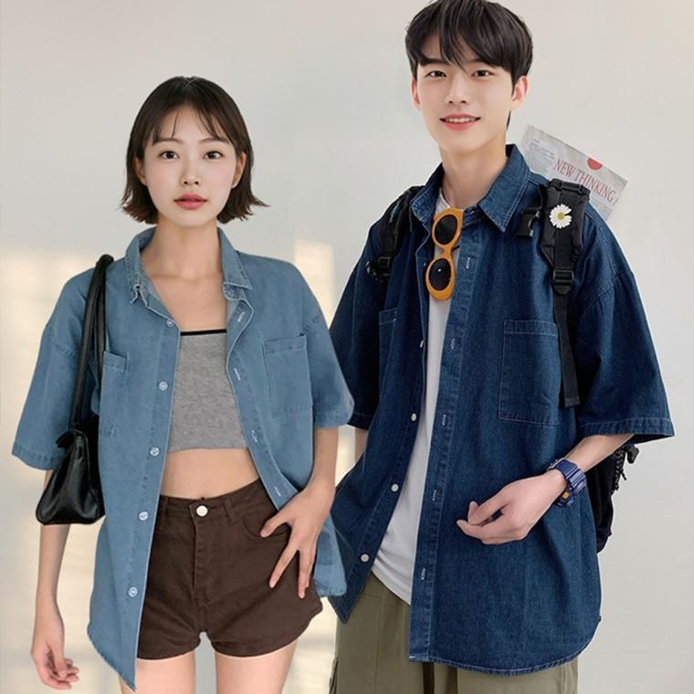 남자 여름 오버핏 데님 반팔 셔츠 청남방 캐주얼셔츠 청셔츠