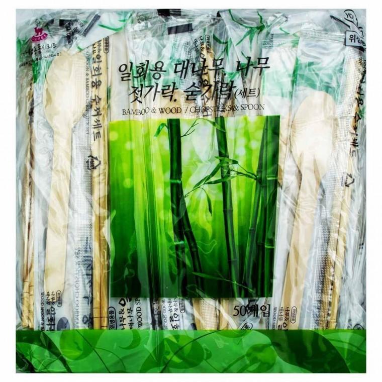 영수 일회용 대나무 나무 젓가락 숫가락 세트 50개입