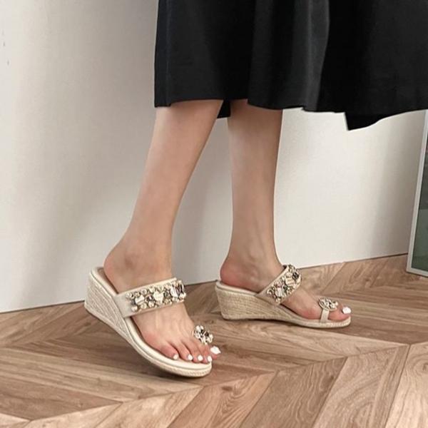 비즈 장식 포인트 로우힐 웨지슬리퍼 웨지힐 6SS