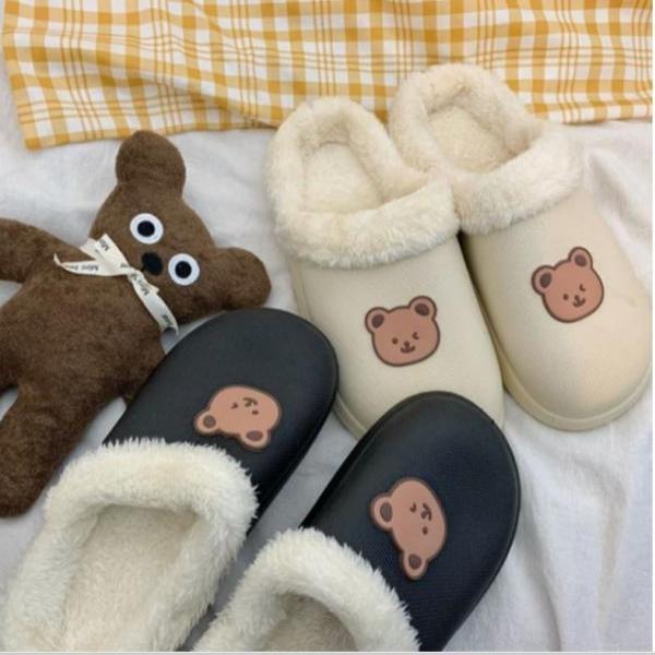 [털 탈부착 가능] 사계절 솔리드 탈부착 기모 곰돌이 통굽 털슬리퍼