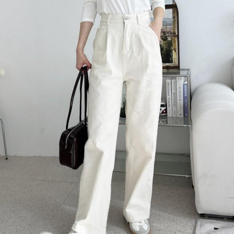 여자 데일리핏 반밴딩 면바지 세미와이드 코튼 핀턱 팬츠