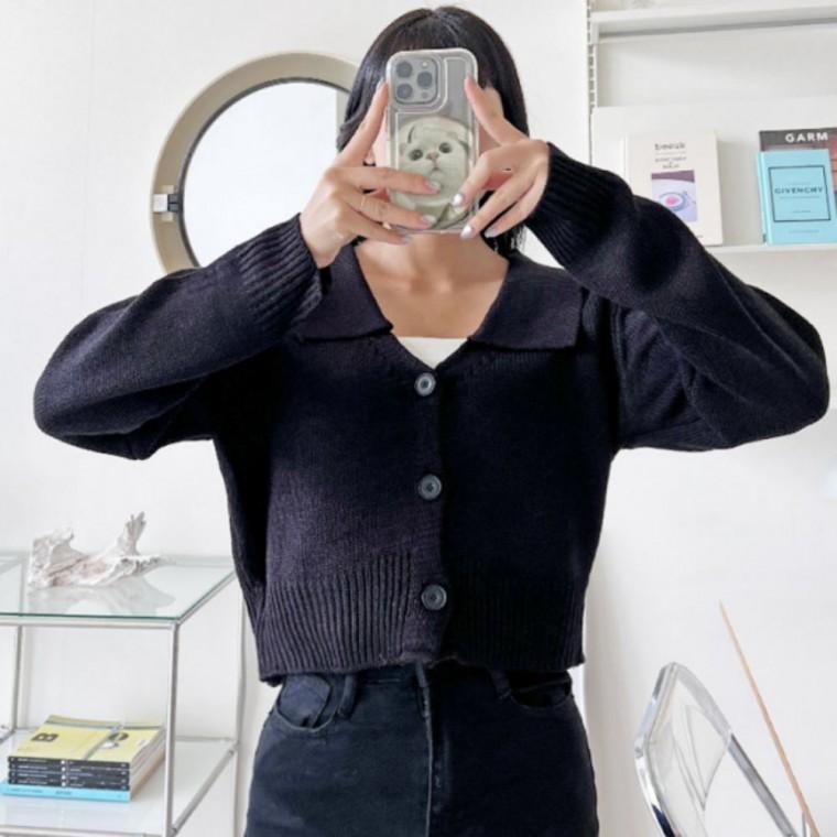 여성 여자 러블리 카라 니트 가디건 세미 크롭 베이직 데일리