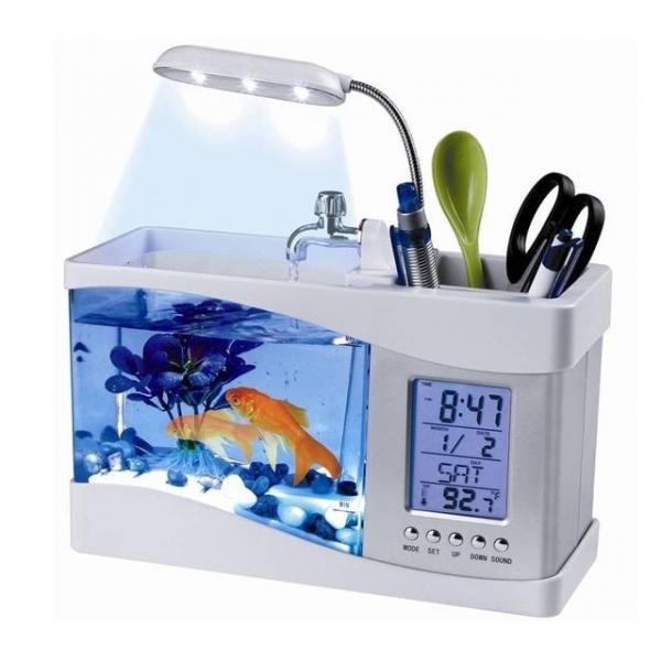 컴스 LED 미니 수족관세트 어항 여과기 시계 달력 온도계