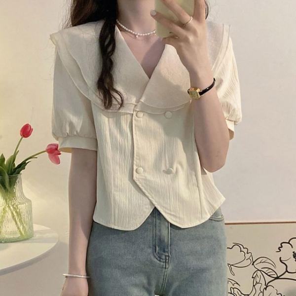 더블 레이스 빅카라 쉬폰 소재 재킷형 여름 블라우스