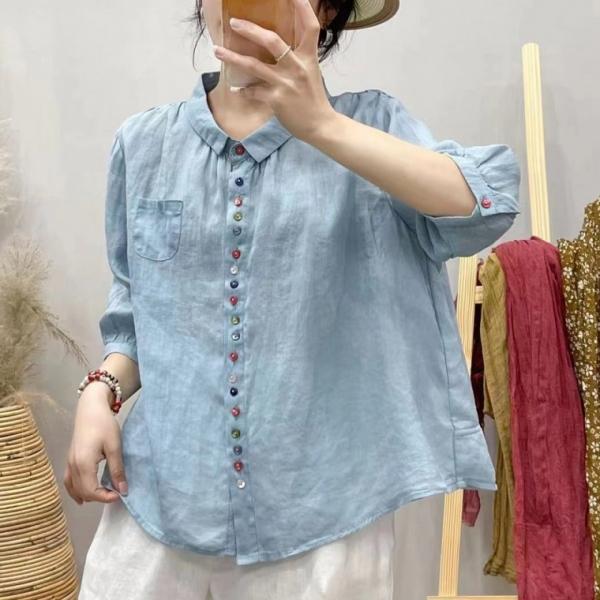 2500배송 여성린넨블라우스 오버핏 7부 여름 여자 반팔 티셔츠 브라우스 여름옷 할머니옷 선물
