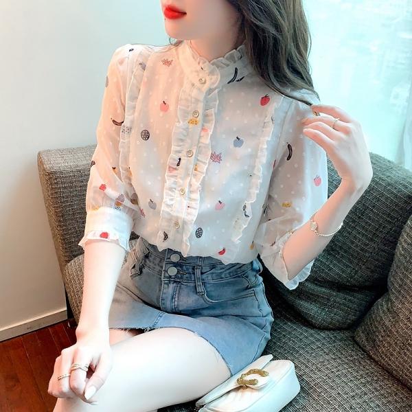 코디피셜 상큼 7버튼 후루츠 프릴 여름 반팔 블라우스