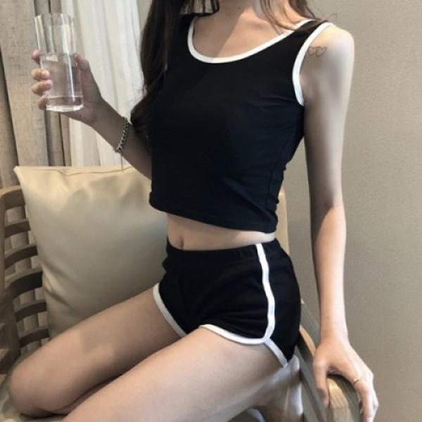 배색 크롭나시 핫팬츠 세트
