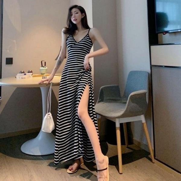 여름 끈나시 롱 원피스 여성 하객룩 휴양지 원피스 끈나시원피스 스트라이트 빅사이즈원피스 브이넥원피스