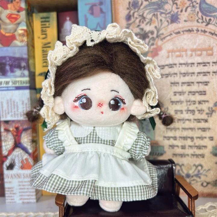 10cm인형옷 연두색 체크 원피스세트 머리장식 원피스