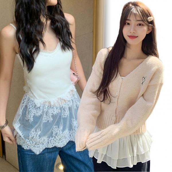 여름 프릴 레이어드나시 레이스 끈나시 민소매 이너티