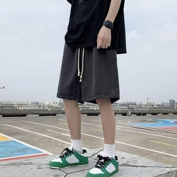 편안한 와이드핏 허리밴딩 데님 남성 반바지 스트리트 패션 트렌디한 스타일 코디 팬츠