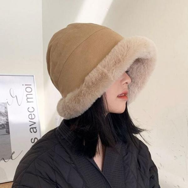겨울여자모자 퍼버킷햇 골덴벙거지 여성모자 베이지
