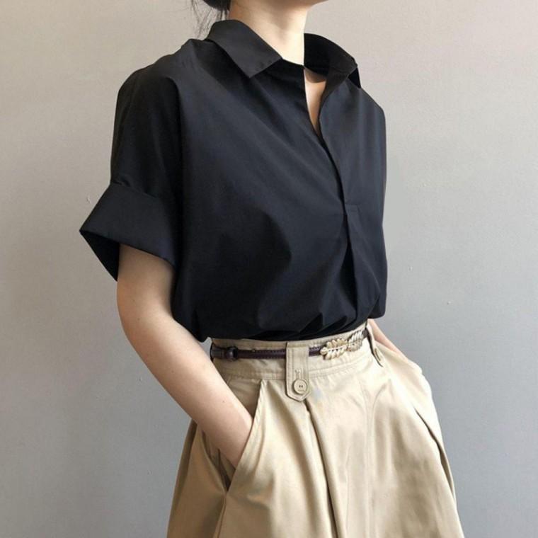 3컬러 심플 데일리 루즈핏 셔츠 기본 V넥 블라우스 반팔 남방 V넥셔츠 직장 면접셔츠 단정한 학생셔츠