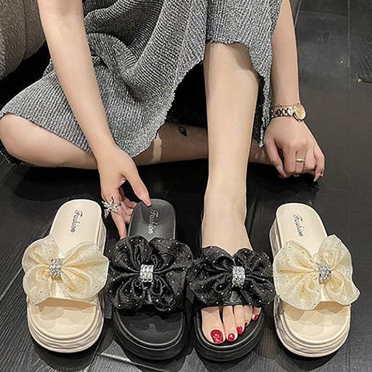 여자 사무실 외출 여름 큐빅 쉬폰 통굽 리본 슬리퍼
