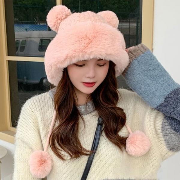 은창]큐트 더블 방울 라운드 털모자 모자 벙거지 귀마개 털모자 보온 가을 겨울 겨울모자 여성 군밤모자 방