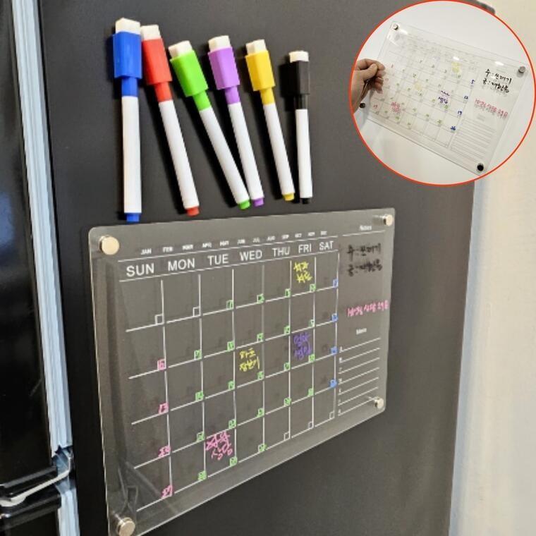 메모판 자석 냉장고 알림 투명보드 6색마카 달력 일정기록 가족 냉장고부착