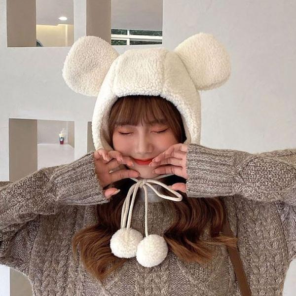 폼폼방울 곰돌이 뽀글이 모자 3color 양털 귀도리모자