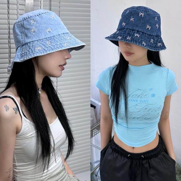 스타테일벙거지 데님 연청 여름 여성 모자 워싱 리본