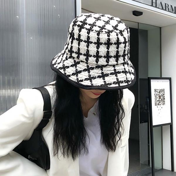 가을 겨울 신상 여성모자 흑백격자자수 챙모자 여자모자 버킷햇