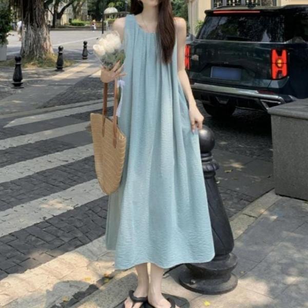 여성 휴양지 오버핏 루즈핏 밴딩 민소매 나시 롱 원피스