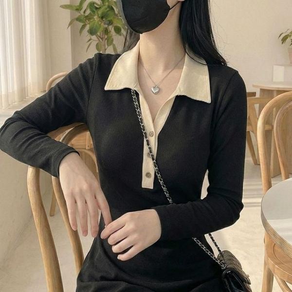 DA-1006597 버튼 미니원피스 배색 카라 블랙