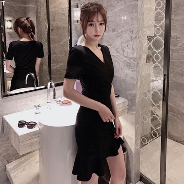 bns 블랙 프릴 언발 트임 미니원피스 DHH-B28