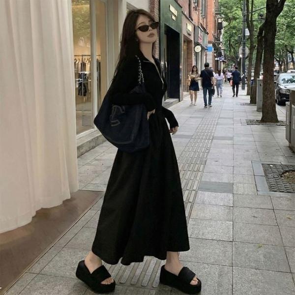 1005660 반집업 하프 집업 믹스 롱 니트 원피스 긴팔