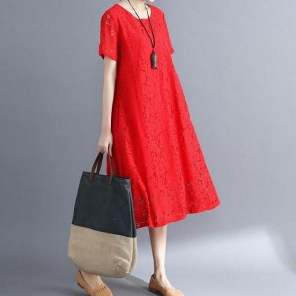 중년 여성 여름 반팔 루즈핏 레이스 반소매 롱 원피스