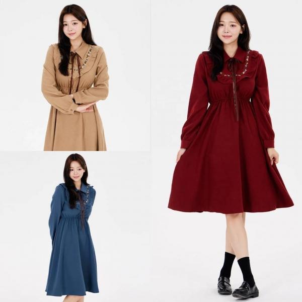 빈티지 허리밴딩 라운드 레이스 긴팔 원피스(3color)
