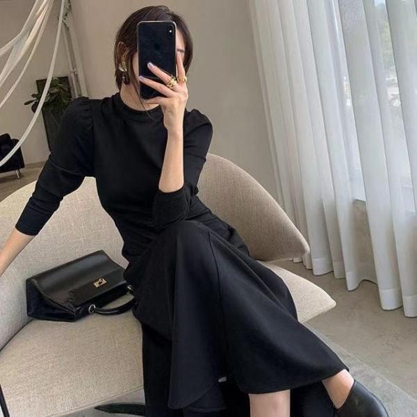 퍼프숄더 모던 블랙 롱원피스 하객룩 오피스 데일리