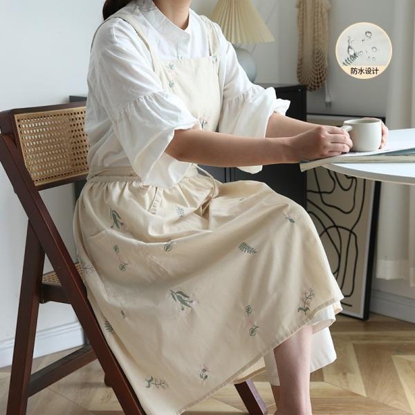 메르올린 베이지 꽃 자수 순면 예쁜 방수 앞치마 카페 주방 바리스타 어린이집 네일샵 원피스 빅사이즈
