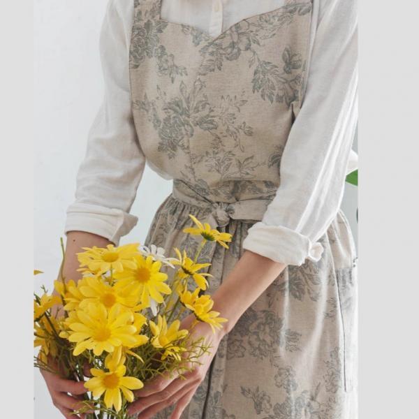 메르올린 베이지 린넨 면 예쁜 플라워 방수 앞치마 카페 주방 빅사이즈 롱 원피스 어린이집 에이프런