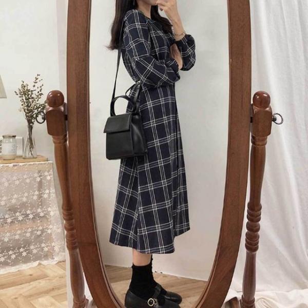체크 긴팔 원피스 미디 학생 직장인 복고 데이트룩