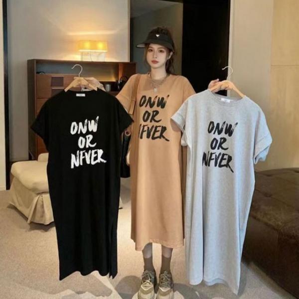 베이직 레터링 여성 밑단 트임 캐주얼 반팔 롱 원피스