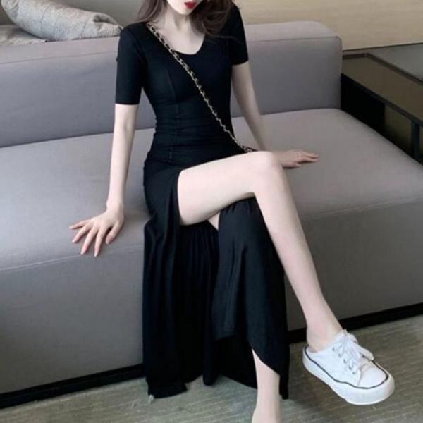 롱 슬릿 원피스 반팔 여성 여자 데일리 옆트임 기본