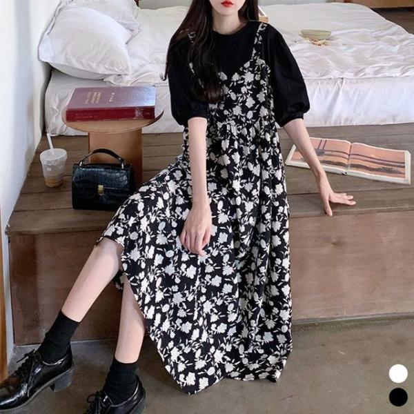 티셔츠 일체형 플라워 패턴 여름 뷔스티에 롱 원피스
