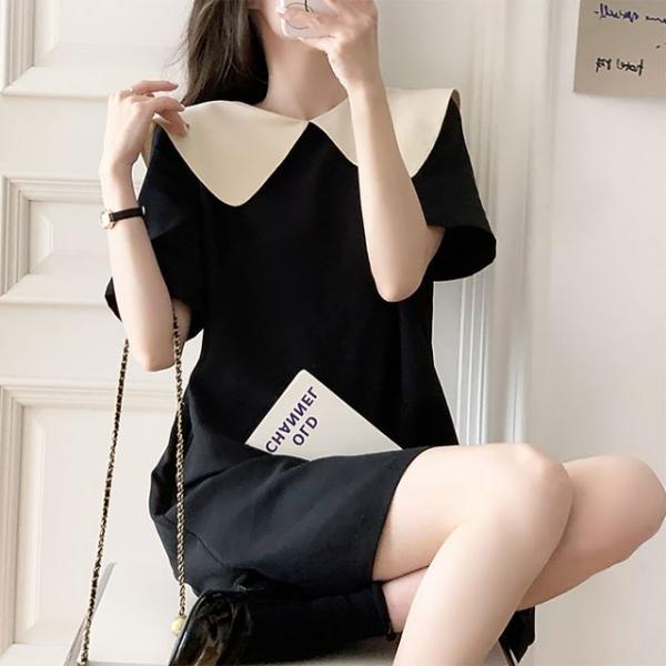 여자 예쁜 배색 빅카라 포인트 러블리 블랙 원피스