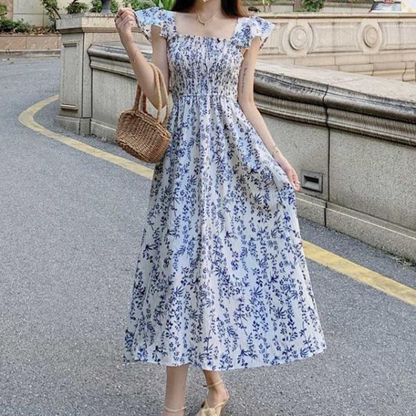 여름 플라워 원피스 A라인 스퀘어넥 바캉스 휴양지