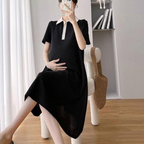여성 무지 카라 미디 반팔 원피스 1P 여름 임부복